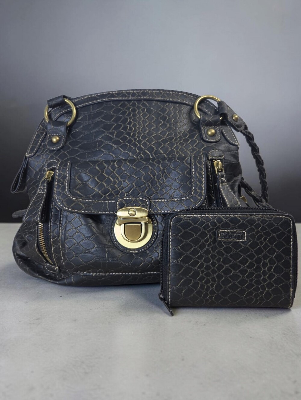 Rosetti Black Alligator Multi-Pocket Shoulder Bag with Wallet NWOT